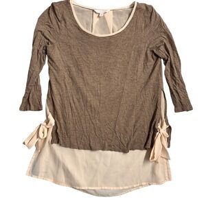 LC Lauren Conrad Womens Top Brown Beige Long Sleeve Side Tie Tunic Blouse‎ M